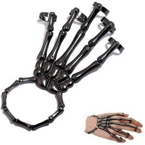 Asphire Gothic Skull Bracelet with Finger Rings Exaggerate Skeleton Hand Harness